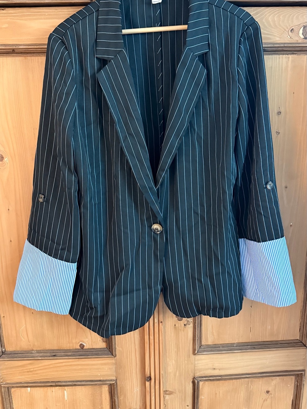 NWOT ASOS Black Pinstripe Blazer with Light Blue Cuff Detail